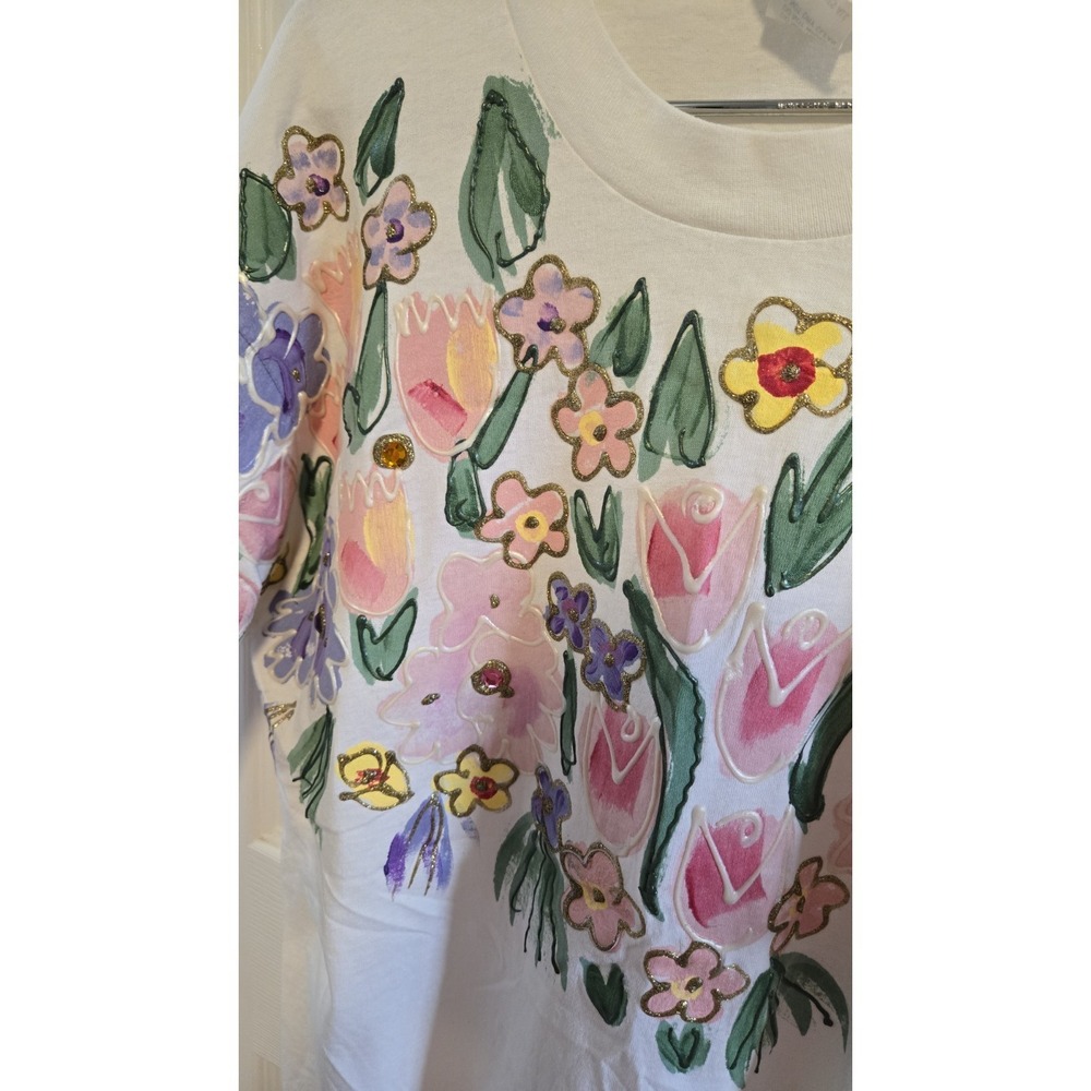 Hand Painted Floral T Shirt Single Stitch Vtg USA Rhinestone Art Tee OSFA M/L - Picture 4 of 8